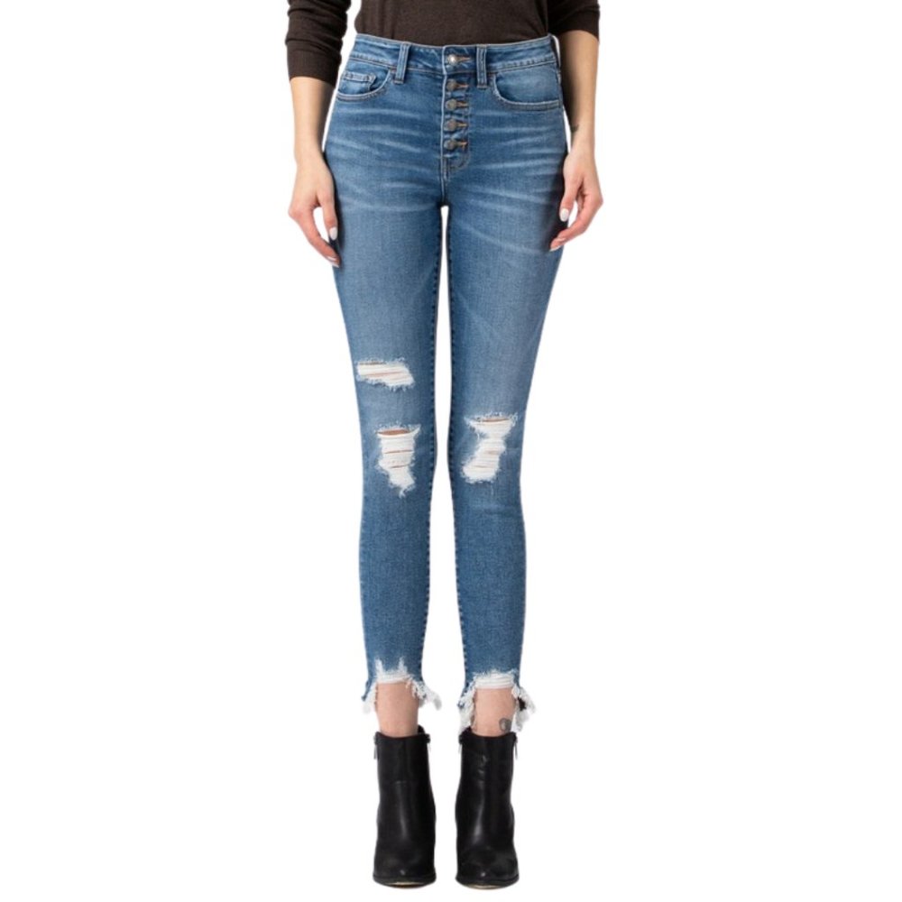 High Rise Button Up Frayed Sharkbite Jeans